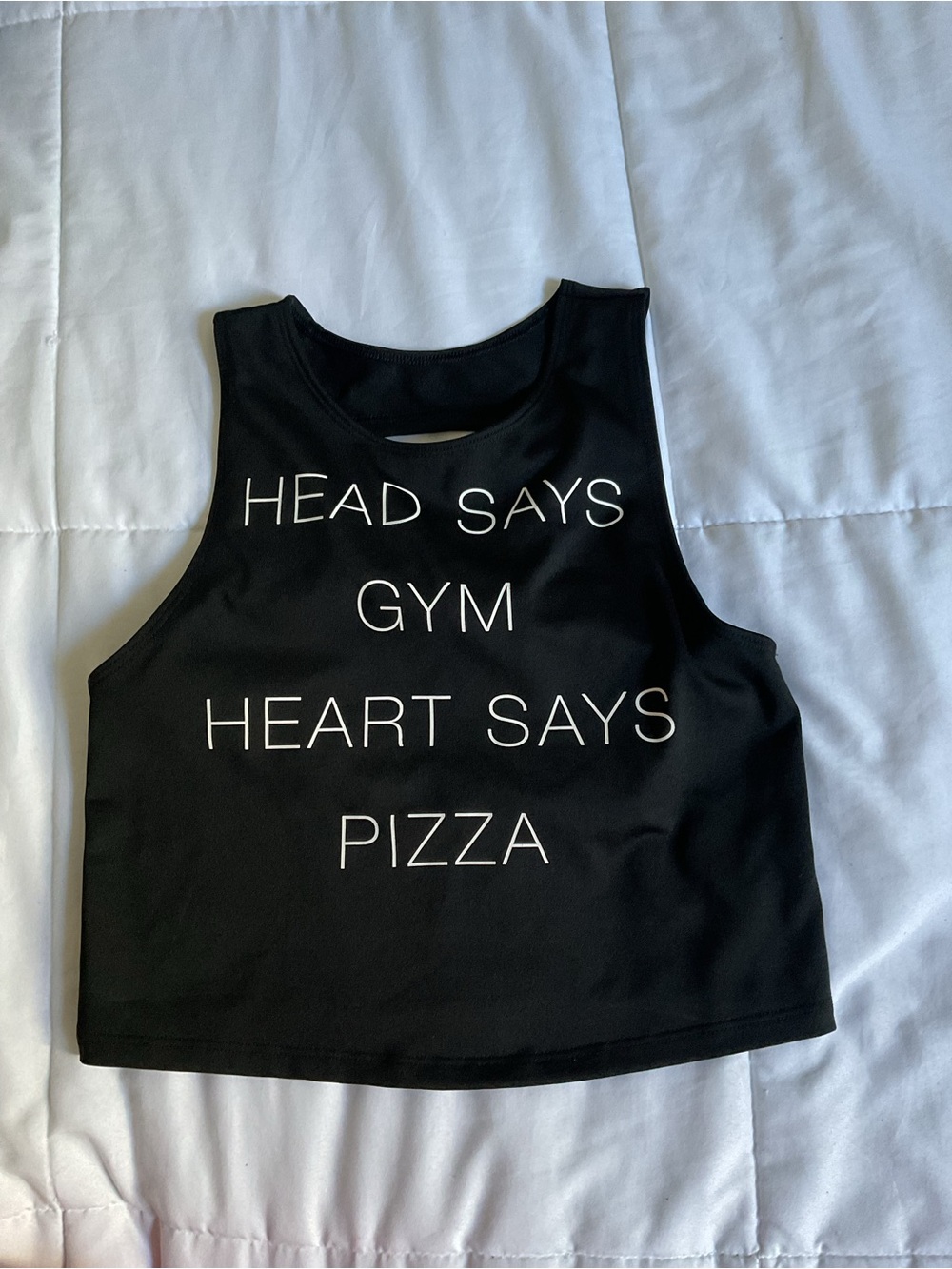 Hollister Black Tank Top with White 'Head Says Gym Heart Says Pizza' Text